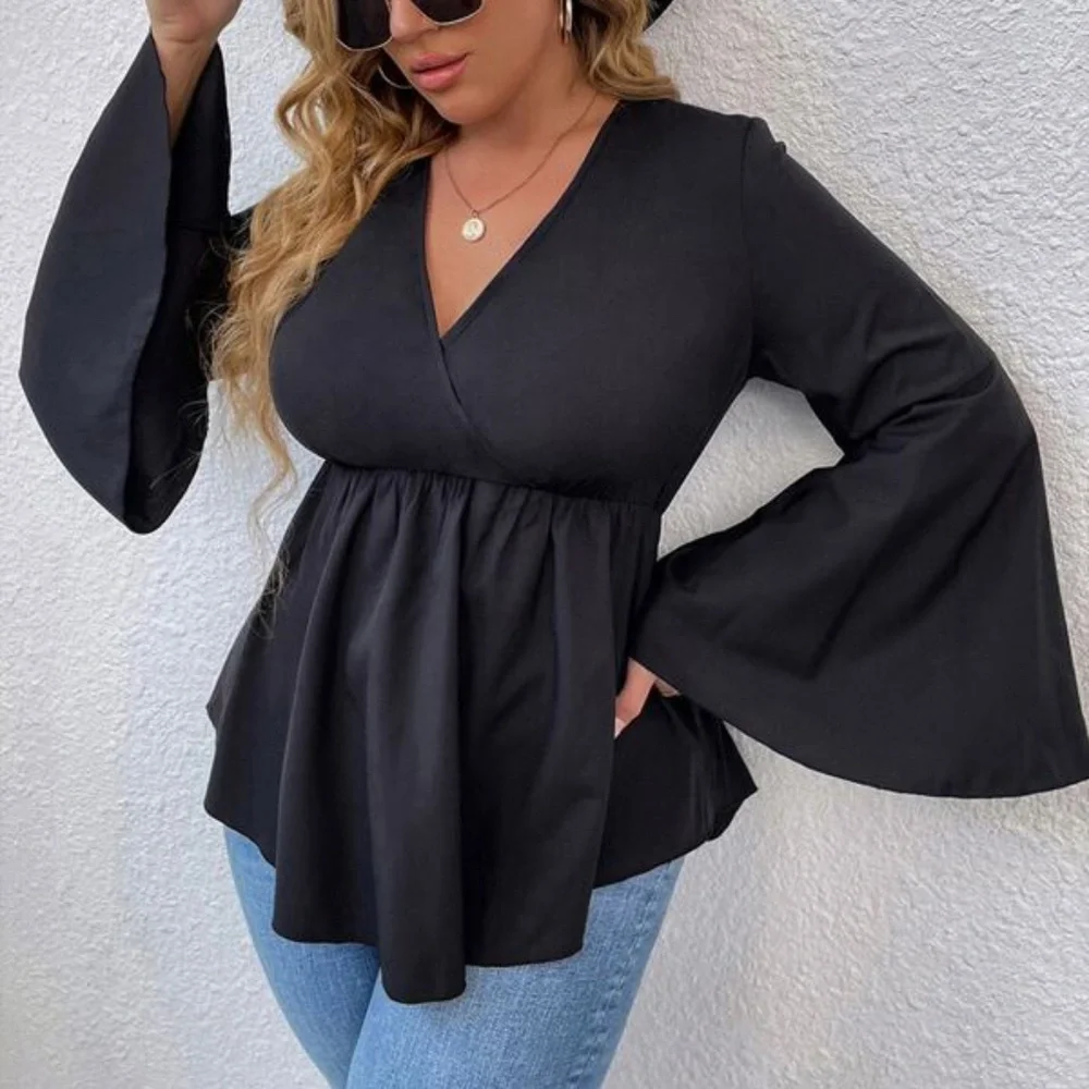 Plus Black Bell Sleeve Surplice Peplum Top - Picture 3 of 3